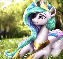 Size: 1508x1410 | Tagged: safe, artist:rossignolet, character:princess celestia, species:alicorn, species:pony, beautiful, crown, cute, cutelestia, female, flower, grass, hoof shoes, jewelry, mare, prone, regalia, scenery, smiling, solo, tree