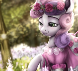 Size: 1166x1055 | Tagged: dead source, safe, artist:rossignolet, character:sweetie belle, species:pony, species:unicorn, clothing, dress, female, filly, floral head wreath, flower, raised hoof, smiling, solo