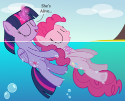 Size: 2800x2250 | Tagged: safe, artist:bladedragoon7575, character:pinkie pie, character:twilight sparkle, character:twilight sparkle (alicorn), species:alicorn, species:earth pony, species:pony, bubble, female, mare, rescue, simple background, swimming, unconscious