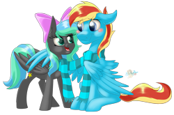 Size: 1211x800 | Tagged: safe, artist:unisoleil, oc, oc only, oc:flamelight dash, oc:starfire, species:pegasus, species:pony, blushing, bow, clothing, female, hair bow, male, mare, oc x oc, scarf, shared clothing, shared scarf, shipping, simple background, sitting, stallion, straight, transparent background