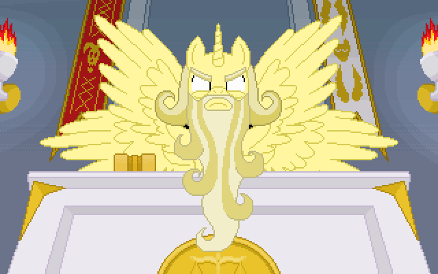 Size: 640x400 | Tagged: safe, artist:herooftime1000, oc, oc only, oc:the judge, species:alicorn, species:pony, animated, arch-alicorn, beard, courtroom, facial hair, gavel, judge, multiple wings, octavia in the underworld's cello, pixel art, seraph, seraphicorn, this will not end well