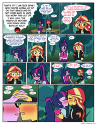 Size: 898x1166 | Tagged: safe, artist:crydius, character:sunset shimmer, character:twilight sparkle, character:twilight sparkle (scitwi), species:eqg human, comic:love advice, ship:scitwishimmer, ship:sunsetsparkle, my little pony:equestria girls, bloodborne, blushing, clothing, comic, female, jacket, kissing, leather jacket, lesbian, shipping