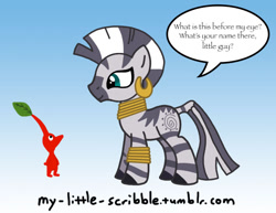 Size: 792x612 | Tagged: safe, artist:scribble, character:zecora, species:pony, species:zebra, 30 minute art challenge, blue background, crossover, ear piercing, earring, female, gradient background, jewelry, leg rings, mare, neck rings, piercing, pikmin, red pikmin, simple background, steve the red leaf