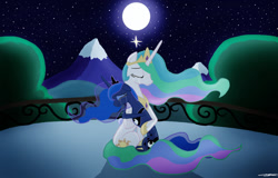 Size: 1701x1087 | Tagged: safe, artist:willisninety-six, character:princess celestia, character:princess luna, species:alicorn, species:pony, balcony, comforting, crying, duo, fanfic in the description, feels, female, full moon, happy, hug, moon, night, sad, security hug, sisters, stars, story included