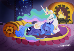 Size: 2177x1504 | Tagged: safe, artist:willisninety-six, character:princess celestia, character:princess luna, species:alicorn, species:pony, crying, fanfic in the description, female, fireplace, royal sisters, s1 luna, siblings, sisters