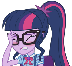 Size: 2048x1859 | Tagged: safe, artist:thebarsection, character:twilight sparkle, character:twilight sparkle (scitwi), species:eqg human, g4, my little pony: equestria girls, my little pony:equestria girls, backpack, blushing, clothing, cute, eyes closed, facepalm, female, glasses, simple background, solo, transparent background