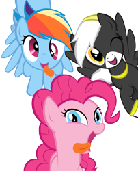 Size: 2765x3426 | Tagged: safe, artist:petraea, character:pinkie pie, character:rainbow dash, oc, oc:marie, self insert, species:pegasus, species:pony, faec, female, high res, mare, one eye closed, simple background, tongue out, transparent background, wink