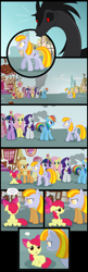 Size: 1240x3823 | Tagged: safe, artist:culu-bluebeaver, character:apple bloom, character:applejack, character:fluttershy, character:pinkamena diane pie, character:pinkie pie, character:rainbow dash, character:rarity, character:twilight sparkle, character:twilight sparkle (unicorn), oc, oc:plague, oc:ruby, species:earth pony, species:pegasus, species:pony, species:unicorn, comic:the six-winged serpent, comic, elements of harmony, female, filly, ghost pony, grimdark series, grotesque series, mane six, mare, ponyville, smoke, story of the blanks, sugarcube corner