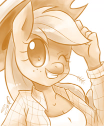 Size: 1500x1800 | Tagged: safe, artist:steffy-beff, character:applejack, species:anthro, species:earth pony, clothing, cowboy hat, food, hat, monochrome, one eye closed, shirt, signature, smiling, stetson, straw in mouth, wheat, wink