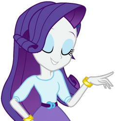 Size: 1945x2048 | Tagged: safe, artist:thebarsection, character:rarity, my little pony:equestria girls, bracelet, clothing, eyes closed, eyeshadow, female, makeup, shirt, simple background, skirt, smiling, solo, transparent background