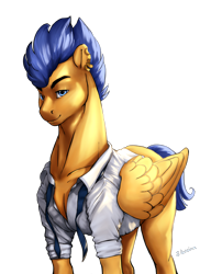 Size: 1000x1300 | Tagged: safe, artist:rossignolet, character:flash sentry, species:pegasus, species:pony, clothing, ear piercing, flash hunktry, male, necktie, piercing, shirt, simple background, smiling, solo, stallion, stupid sexy flash sentry