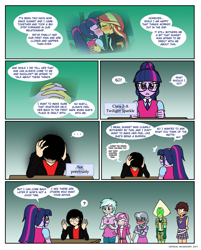 Size: 878x1094 | Tagged: safe, artist:crydius, character:lyra heartstrings, character:silver spoon, character:sunset shimmer, character:sweetie belle, character:twilight sparkle, character:twilight sparkle (scitwi), oc, oc:crydius, species:eqg human, comic:love advice, ship:scitwishimmer, ship:silverbelle, ship:sunsetsparkle, my little pony:equestria girls, bloodborne, bloodshot eyes, comic, female, kissing, lesbian, luna loud, occult, peridot (steven universe), shipping, steven universe, the loud house