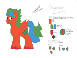 Size: 2091x1555 | Tagged: safe, artist:summerium, oc, oc only, oc:summer lights, species:pegasus, species:pony, chest fluff, glasses, male, mixed art, reference sheet, spanish, stallion, text, unshorn fetlocks