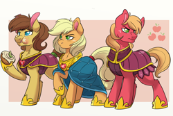 Size: 800x533 | Tagged: safe, artist:itstaylor-made, character:applejack, character:big mcintosh, character:caramel, species:earth pony, species:pony, comic:twilight's reign, alternate hairstyle, armor, cape, caramel is awesome, clothing, eating, element of honesty, female, guard, male, mare, raised eyebrow, raised hoof, short hair, simple background, stallion, trio