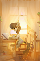 Size: 865x1298 | Tagged: safe, artist:ramiras, character:octavia melody, species:earth pony, species:pony, book, candle, cello, chair, female, mare, morning, musical instrument, reading, sitting, smiling, solo, table
