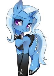 Size: 726x1023 | Tagged: safe, artist:nitronic, character:trixie, species:pony, species:unicorn, bow tie, clothing, cute, diatrixes, female, leotard, looking at you, mare, questionable source, shoes, simple background, smiling, socks, solo, stockings, thigh highs, white background