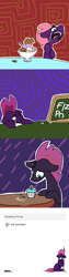 Size: 1280x5120 | Tagged: safe, artist:pencilbrony, character:fizzlepop berrytwist, character:tempest shadow, species:pony, species:unicorn, my little pony: the movie (2017), abstract background, ask, broken horn, candle, chalk, chalkboard, comic, crying, cupcake, cute, female, food, hnnng, ice cream, mare, pocky, post traumatic stress disorder, ptsd, sad, tumblr