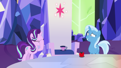 Size: 3840x2160 | Tagged: safe, artist:perplexedpegasus, character:starlight glimmer, character:trixie, character:twilight sparkle, accident, cup, facehoof, inanimate tf, now you fucked up, objectification, spell gone wrong, teacup, transformation