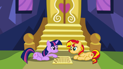 Size: 3840x2160 | Tagged: safe, artist:perplexedpegasus, character:sunset shimmer, character:twilight sparkle, character:twilight sparkle (alicorn), species:alicorn, species:pony, board game, checkers, duo
