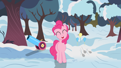 Size: 3840x2160 | Tagged: safe, artist:perplexedpegasus, character:pinkie pie, cutie mark, female, party cannon, snow, solo, tree, winter