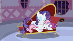 Size: 3840x2160 | Tagged: safe, artist:perplexedpegasus, character:rarity, character:sweetie belle, carousel boutique, fainting couch, female, sisters, sleeping