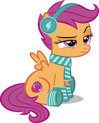 Size: 2015x2500 | Tagged: safe, artist:perplexedpegasus, character:scootaloo, species:pegasus, species:pony, annoyed, clothing, earmuffs, female, filly, scarf, simple background, socks, solo, striped socks, transparent background, vector, winter outfit