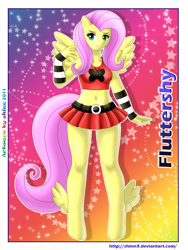 Size: 768x1024 | Tagged: safe, artist:shinn3, character:fluttershy, species:anthro, species:unguligrade anthro, abstract background, belly button, clothing, female, midriff, skirt, solo