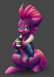 Size: 2894x4093 | Tagged: safe, artist:faline-art, character:fizzlepop berrytwist, character:tempest shadow, species:pony, my little pony: the movie (2017), belly button, bottomless, broken horn, clothing, coffee, cute, eye scar, female, floppy ears, gray background, hoof hold, jacket, lidded eyes, mare, partial nudity, scar, simple background, sitting, smiling, solo, tempestbetes