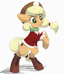 Size: 1280x1472 | Tagged: safe, artist:faline-art, artist:trevorrain, character:applejack, species:pony, applejack's hat, boots, clothing, cowboy hat, female, freckles, happy, hat, hoof boots, mare, open mouth, rearing, shirt, shoes, simple background, smiling, solo, standing, white background