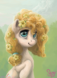 Size: 1000x1354 | Tagged: safe, artist:nemo2d, character:pear butter, species:earth pony, species:pony, female, flower, flower in hair, mare, smiling, solo
