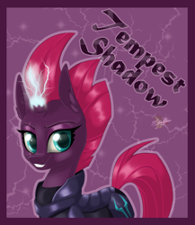 Size: 800x921 | Tagged: safe, artist:unisoleil, character:tempest shadow, species:pony, species:unicorn, my little pony: the movie (2017), abstract background, broken horn, eye scar, female, magic, scar, solo, sparking horn