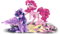 Size: 1024x576 | Tagged: safe, artist:dream--chan, character:fluttershy, character:pinkie pie, character:twilight sparkle, character:twilight sparkle (alicorn), species:alicorn, species:earth pony, species:pegasus, species:pony, deviantart watermark, obtrusive watermark, one wing out, trio, watermark