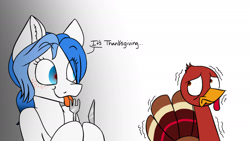Size: 2120x1194 | Tagged: safe, artist:ggchristian, oc, oc only, oc:gg christian, species:pony, concerned, female, fork, holiday, implied ponies eating meat, kitchen eyes, knife, mare, thanksgiving, tongue out, turkey