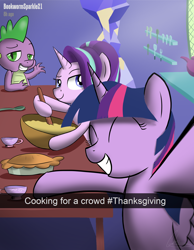 Size: 2728x3516 | Tagged: safe, artist:oinktweetstudios, character:spike, character:starlight glimmer, character:twilight sparkle, character:twilight sparkle (alicorn), species:alicorn, species:dragon, species:pony, species:unicorn, baking, cooking, cup, cute, eyes closed, food, holiday, looking at you, pie, raised eyebrow, selfie, smiling, snapchat, teacup, thanksgiving, trio