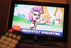 Size: 1280x853 | Tagged: safe, artist:derkrazykraut, character:sweetie belle, absolutely disgusting, foal free press, monitor, news, news report, photo, remote control, tumblr