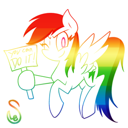 Size: 1400x1400 | Tagged: safe, alternate version, artist:quarium, character:rainbow dash, species:pegasus, species:pony, female, hoof hold, looking at you, mare, motivational, multicolored hair, one eye closed, positive ponies, sign, simple background, smiling, solo, white background, wink