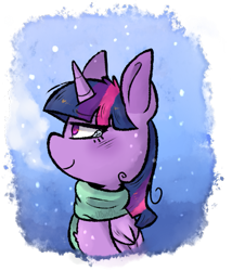 Size: 547x639 | Tagged: safe, artist:urbanqhoul, character:twilight sparkle, character:twilight sparkle (alicorn), species:alicorn, species:pony, clothing, female, mare, profile, scarf, smiling, snow, solo, teary eyes