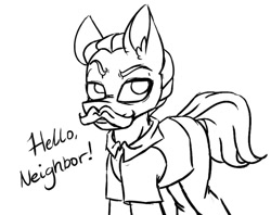 Size: 860x681 | Tagged: safe, artist:ggchristian, species:earth pony, species:pony, clothing, facial hair, hello neighbor, male, monochrome, moustache, ponified, shirt, solo, stallion, the neighbor