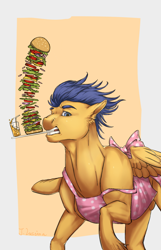 Size: 900x1400 | Tagged: safe, artist:rossignolet, character:flash sentry, species:pegasus, species:pony, beverage, bun (food), burger, cheese, clothing, flash hunktry, food, glass, hamburger bun, lettuce, male, mouth hold, onion, solo, straw, tomato, tray