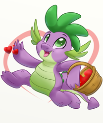 Size: 1000x1200 | Tagged: safe, artist:itstaylor-made, character:spike, species:dragon, basket, heart, male, simple background, skipping, solo, white background