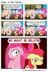Size: 1336x2000 | Tagged: safe, artist:perplexedpegasus, character:apple bloom, character:fluttershy, character:pinkamena diane pie, character:pinkie pie, character:sweetie belle, species:earth pony, species:pegasus, species:pony, species:unicorn, comic, contemplating insanity, family, misspelling, snapple bloom