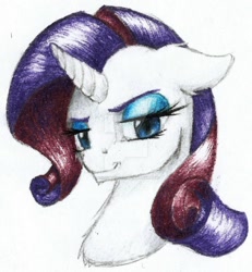 Size: 900x973 | Tagged: safe, artist:thatonegib, character:rarity, bust, colored pencil drawing, female, looking at you, portrait, simple background, smiling, solo, traditional art, watermark, white background