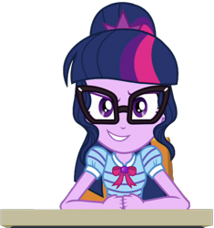 Size: 1892x2010 | Tagged: safe, artist:thebarsection, character:twilight sparkle, character:twilight sparkle (scitwi), species:eqg human, episode:the finals countdown, g4, my little pony: equestria girls, my little pony:equestria girls, >:), >:d, clothing, desk, female, glasses, looking at you, ponytail, simple background, smiling, smirk, solo, transparent background