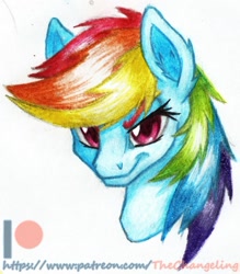 Size: 1024x1167 | Tagged: safe, artist:thatonegib, character:rainbow dash, bust, colored pencil drawing, ear fluff, female, grin, looking at you, patreon, patreon logo, portrait, smiling, solo, traditional art