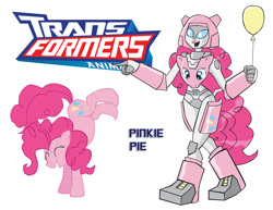 Size: 900x695 | Tagged: safe, artist:inspectornills, character:pinkie pie, balloon, crossover, female, pinkie bot, robot, simple background, transformares, transformers, transformers animated, white background