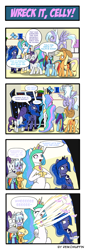 Size: 660x1914 | Tagged: safe, artist:reikomuffin, character:applejack, character:cloudchaser, character:princess celestia, character:princess luna, character:rainbow dash, character:rarity, species:alicorn, species:earth pony, species:pegasus, species:pony, species:unicorn, 4koma, :3, :d, :o, :|, atatatatata, broken english, clothing, comic, cute, cutelestia, eyes closed, female, frown, glasses, hat, mare, no mouth, open mouth, plot, raised hoof, shocked, sitting, smiling, tilde, underhoof, watching, wheeeee, wide eyes, wreck-it ralph