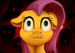 Size: 1024x724 | Tagged: safe, artist:xormak, character:fluttershy, species:chimera, species:dragon, species:pony, behind you, bust, female, floppy ears, glowing eyes, looking at something, mare, open mouth, red eyes, scared, wide eyes