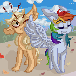 Size: 859x860 | Tagged: safe, artist:rinioshi, character:applejack, character:rainbow dash, species:pony, ship:appledash, bitch slap, duo, ear fluff, exclamation point, feathermarking, female, lesbian, mare, never doubt tchernobog's involvement, shipping, wings