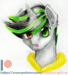 Size: 900x994 | Tagged: safe, artist:thatonegib, oc, oc only, oc:record shatter, species:pony, species:unicorn, bust, clothing, colored pencil drawing, ear fluff, heterochromia, hoodie, looking at you, multicolored hair, open mouth, patreon, patreon logo, portrait, simple background, solo, traditional art, white background