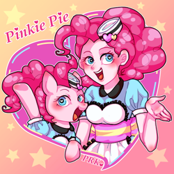 Size: 750x750 | Tagged: safe, artist:prk, character:pinkie pie, species:pony, episode:coinky-dink world, eqg summertime shorts, g4, my little pony: equestria girls, my little pony:equestria girls, blushing, clothing, female, heart eyes, human ponidox, mare, ponidox, self ponidox, server pinkie pie, wingding eyes